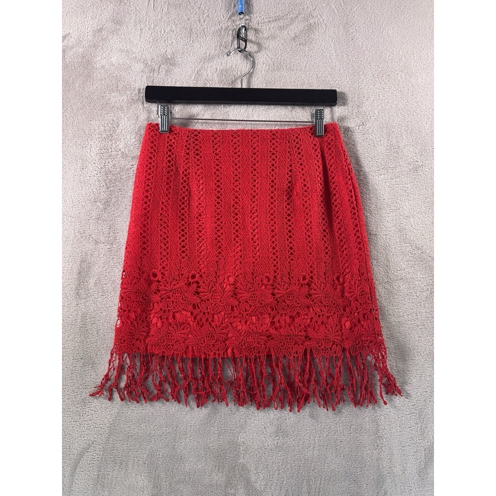 Lovers + Friends Skirt Womens Small‎ Red Crochet Fringe Boho Mini Tassel